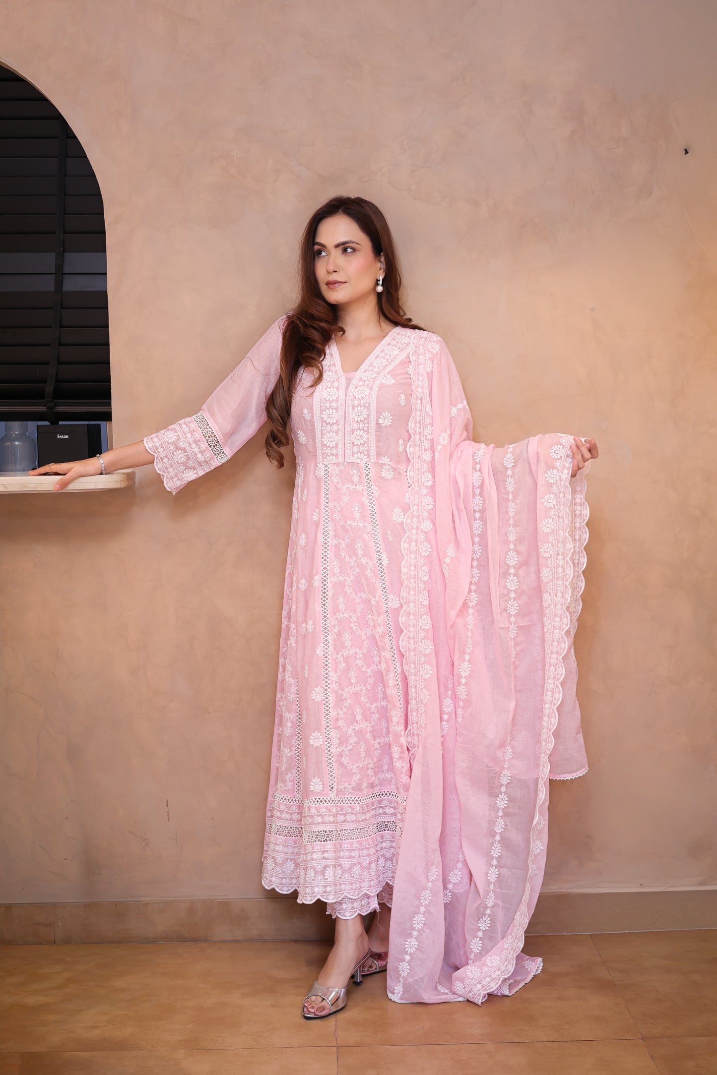 Pink Embroidered Chikankari Anarkali Suit