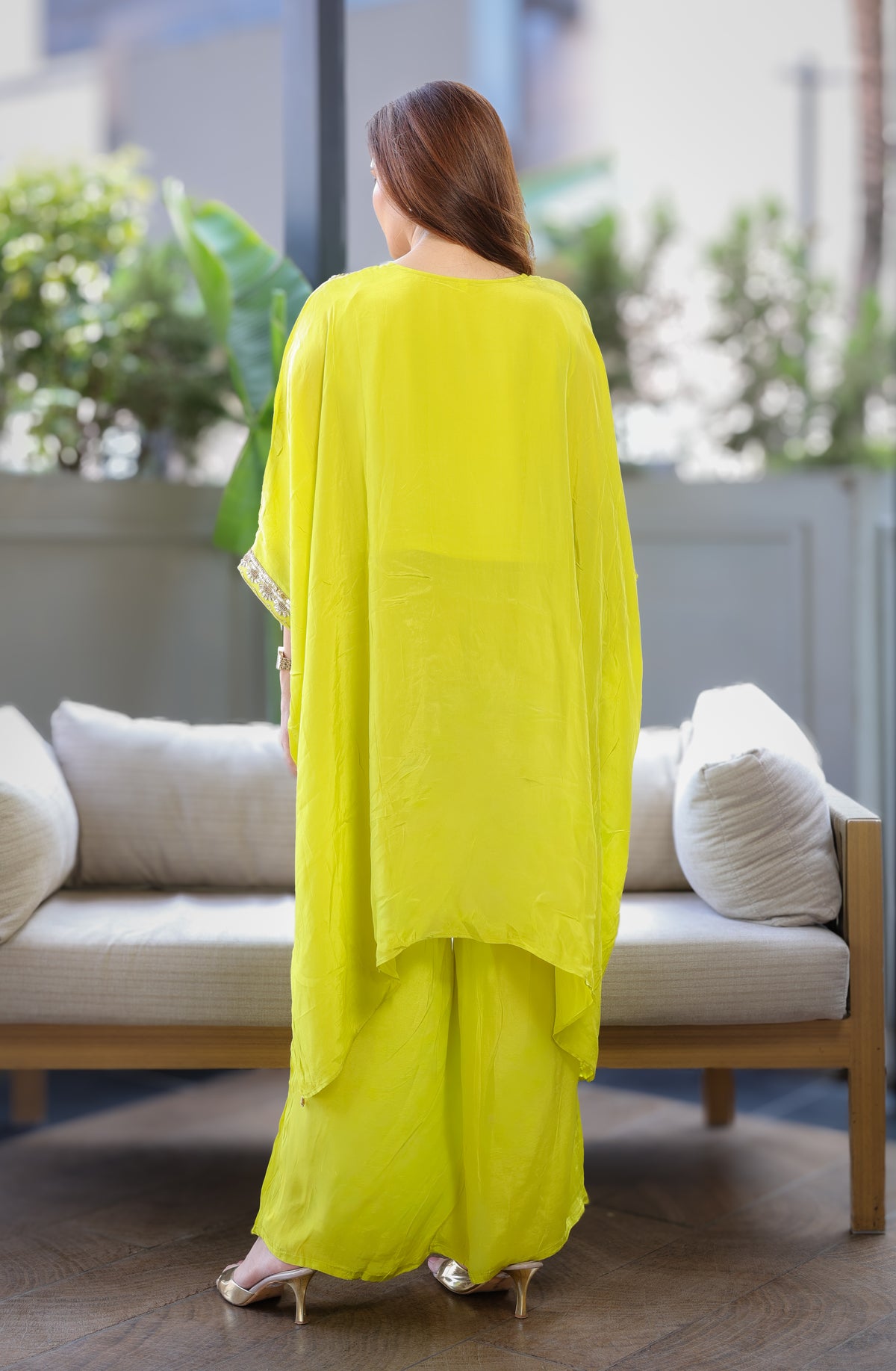 Hand-Embroidered Lime Green Kaftaan Set