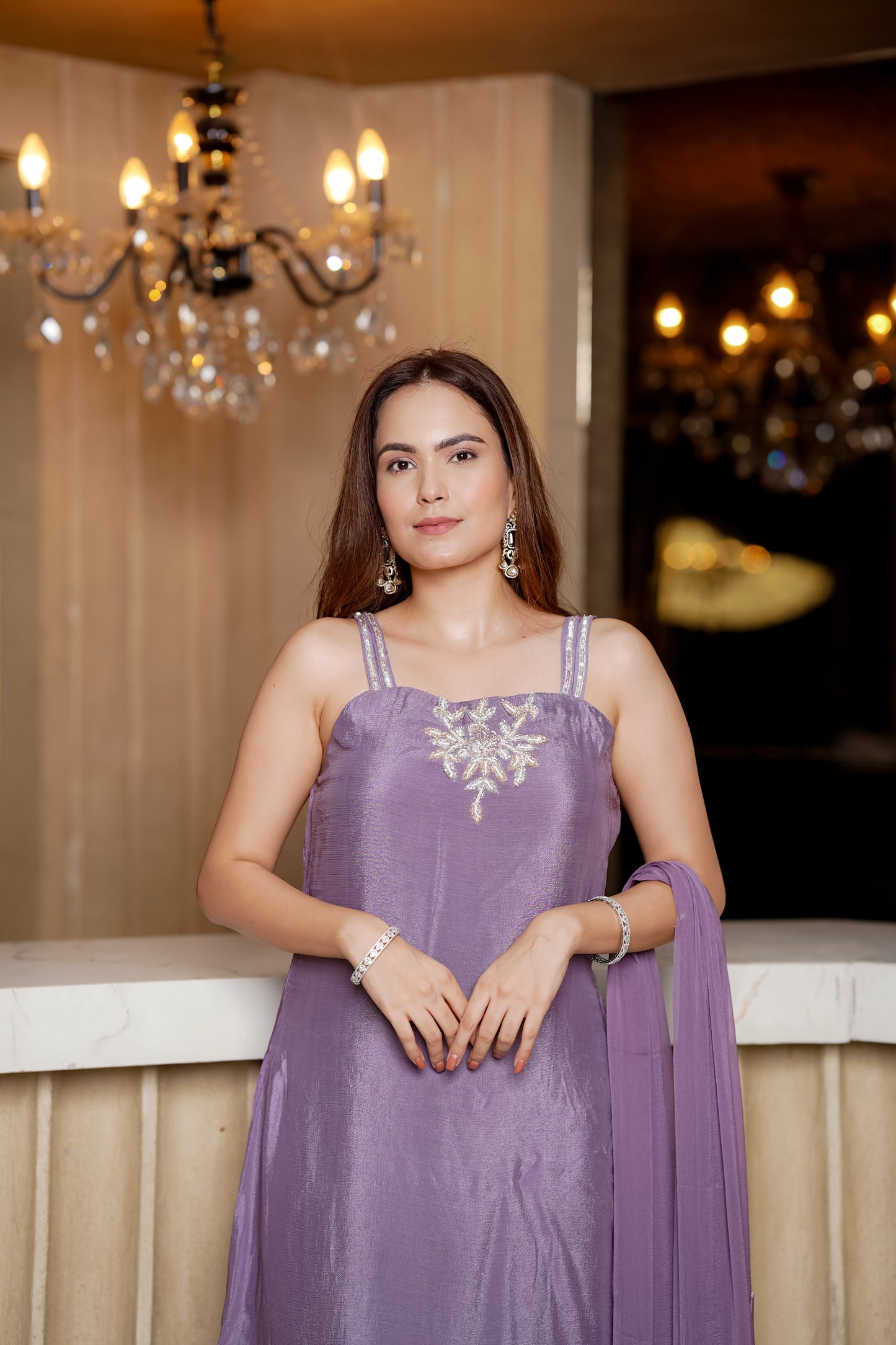 Mauve Purple Suit With Embroidered Cape