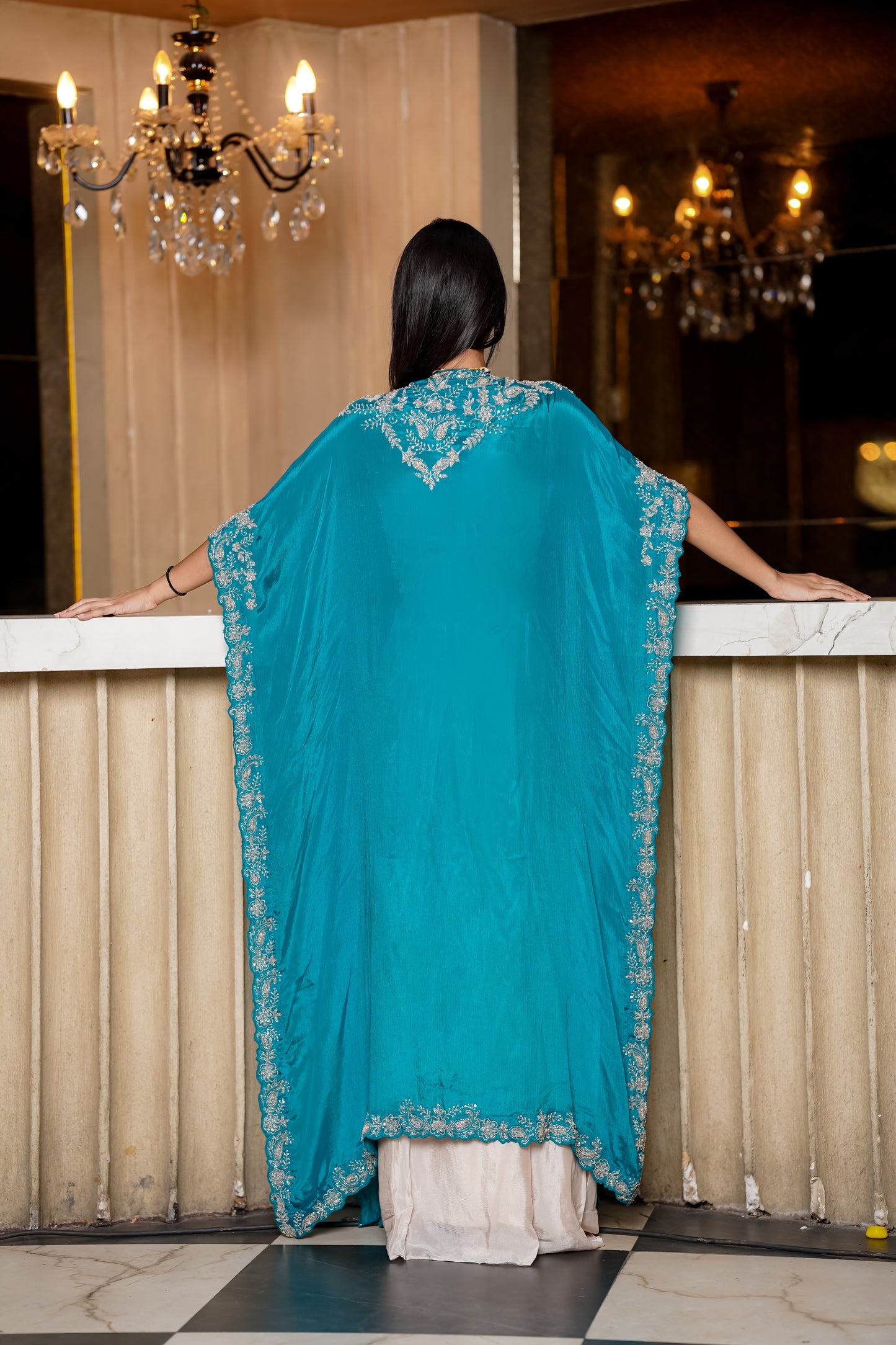 Fusion Set With Contrast Teal Cape with Heavy Hand Embroidery