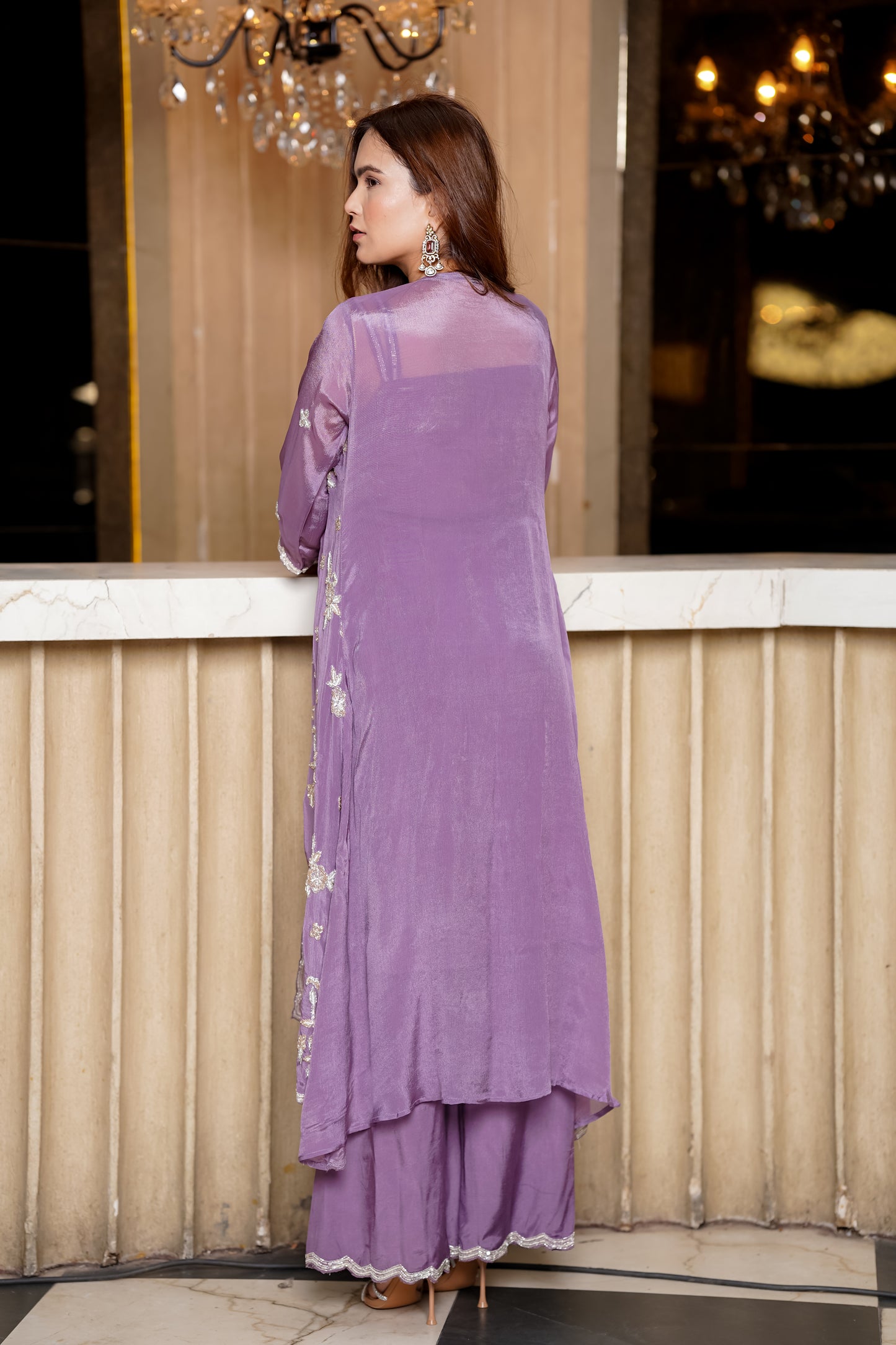 Mauve Purple Suit With Embroidered Cape