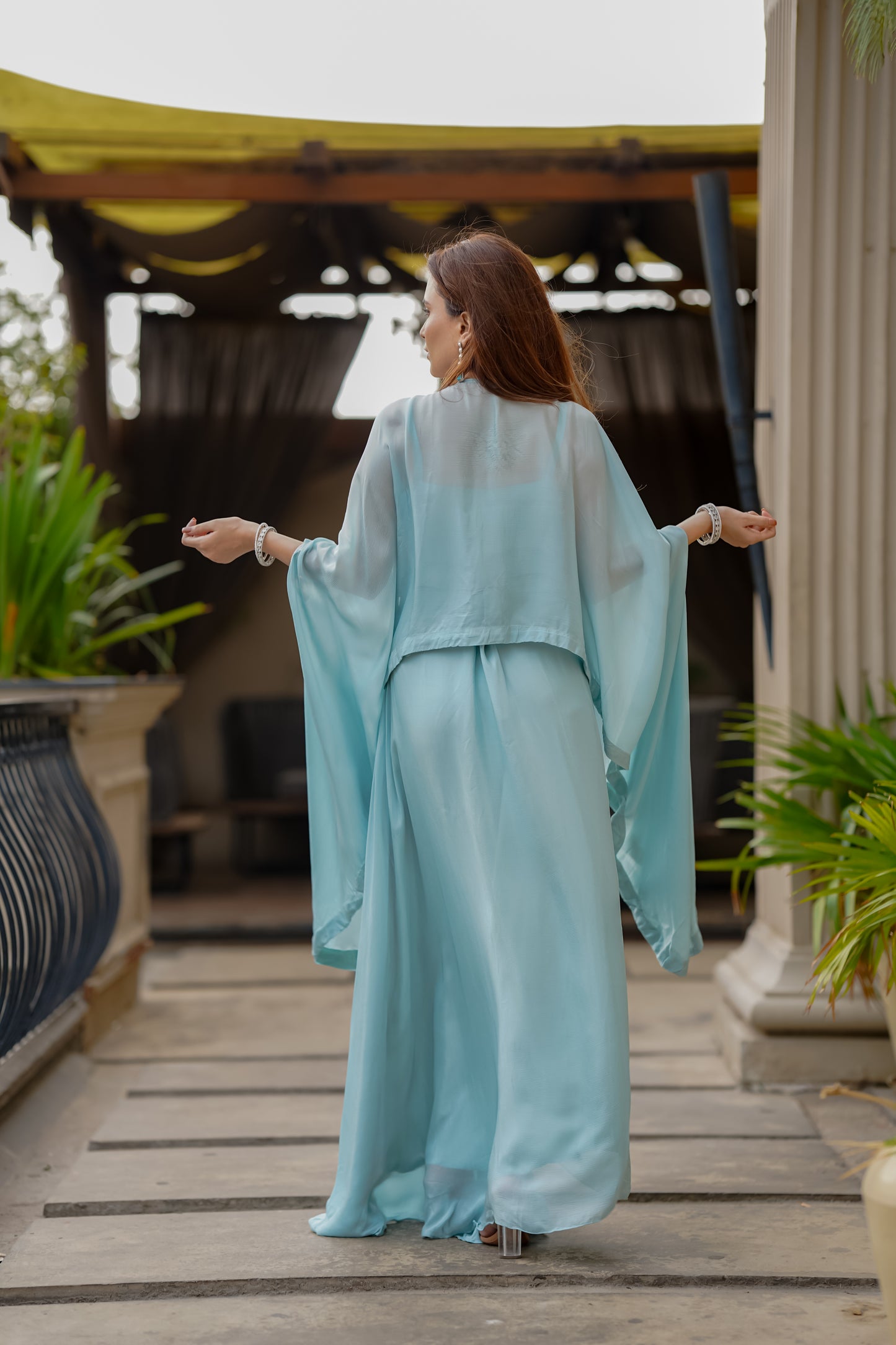 Powder Blue Fusion Set With Intricate Hand Embroidery In Chic Silhouette