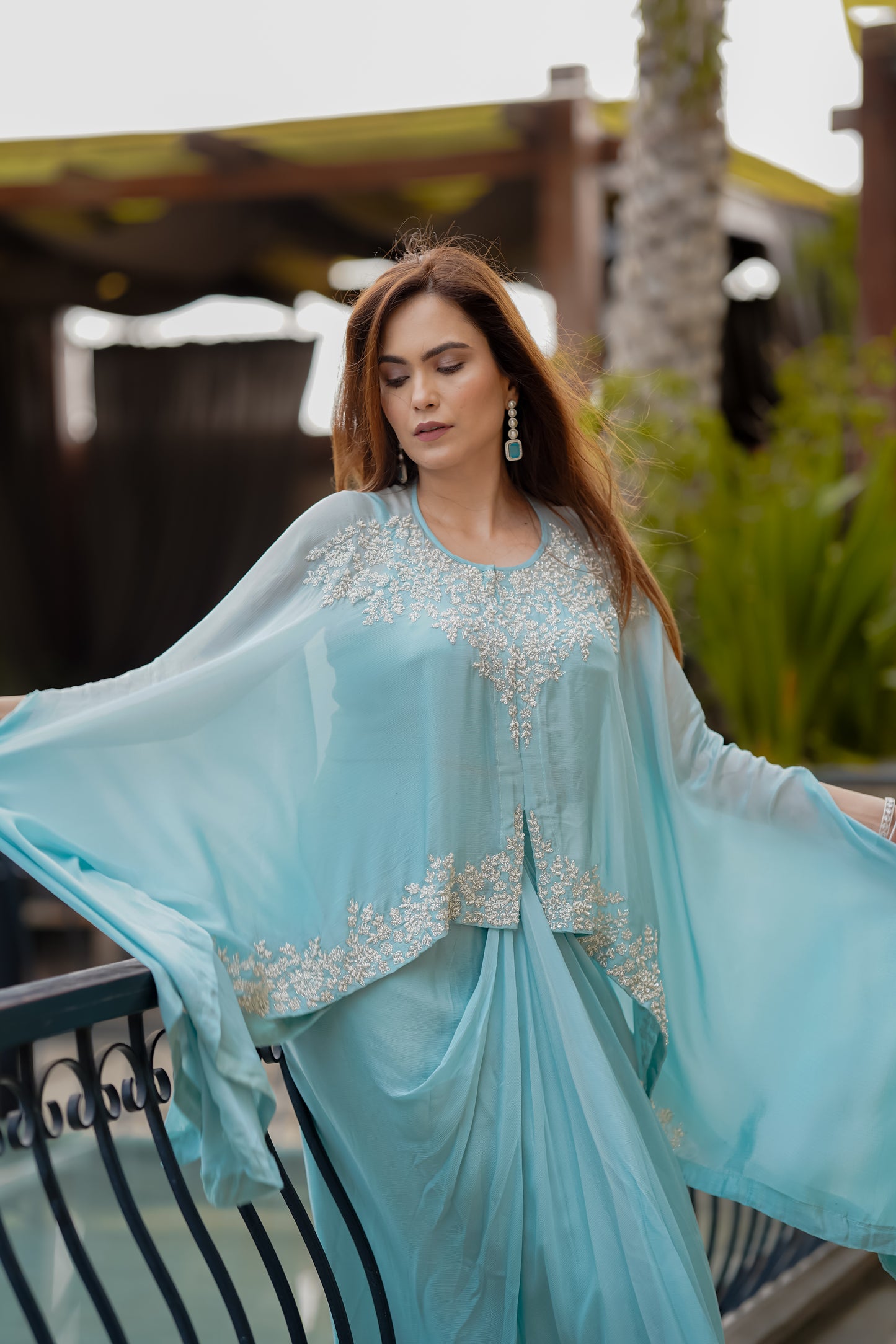 Powder Blue Fusion Set With Intricate Hand Embroidery In Chic Silhouette