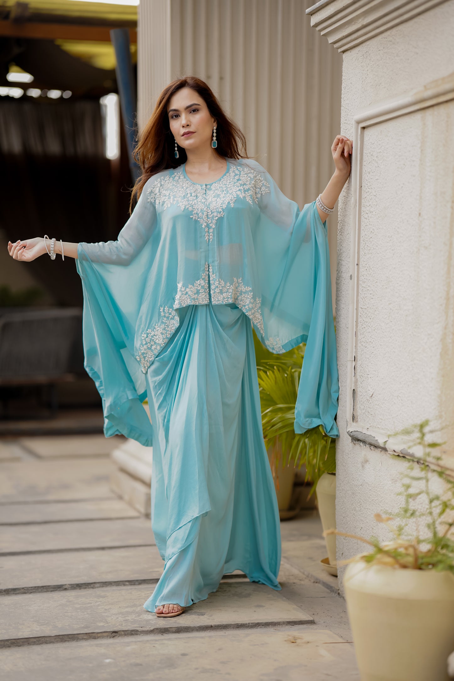 Powder Blue Fusion Set With Intricate Hand Embroidery In Chic Silhouette