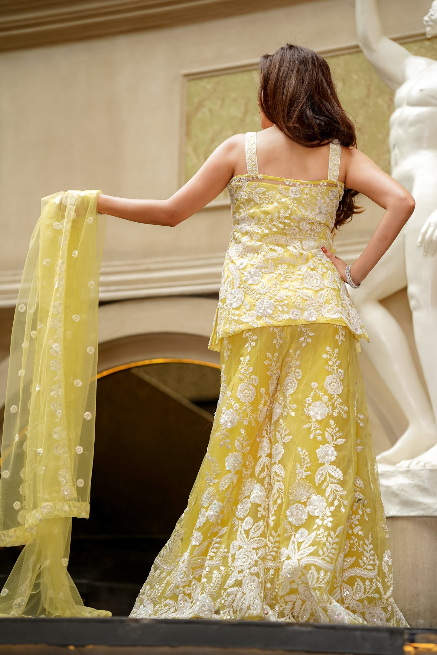 Strappy Yellow Sharara Set With Jaal Dori Work