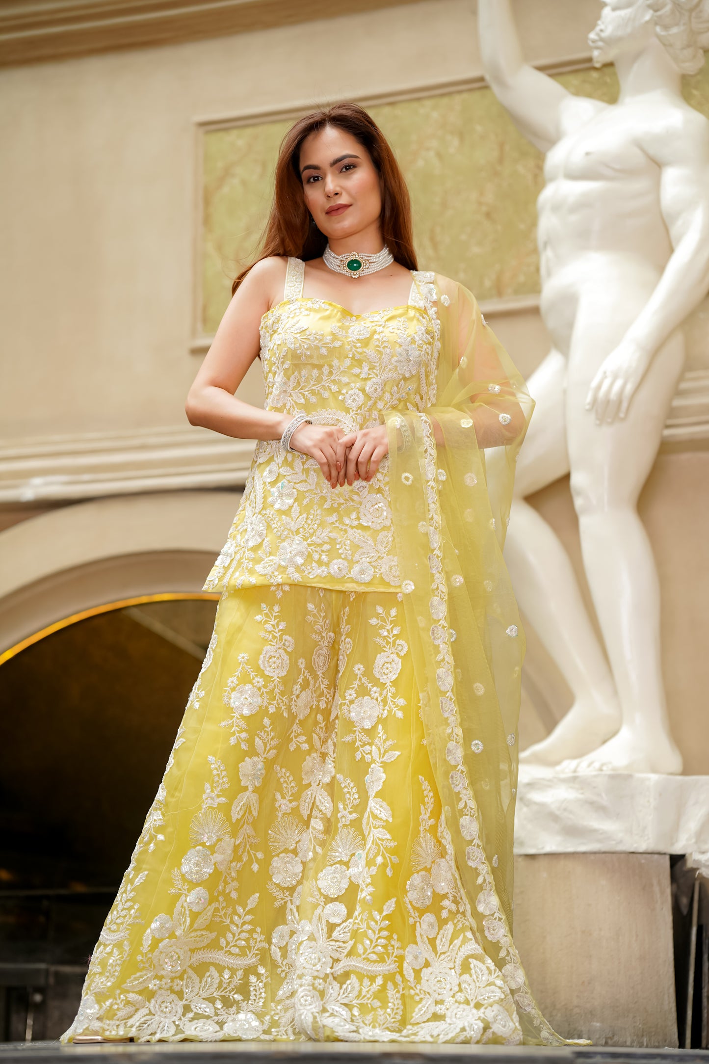 Strappy Yellow Sharara Set With Jaal Dori Work