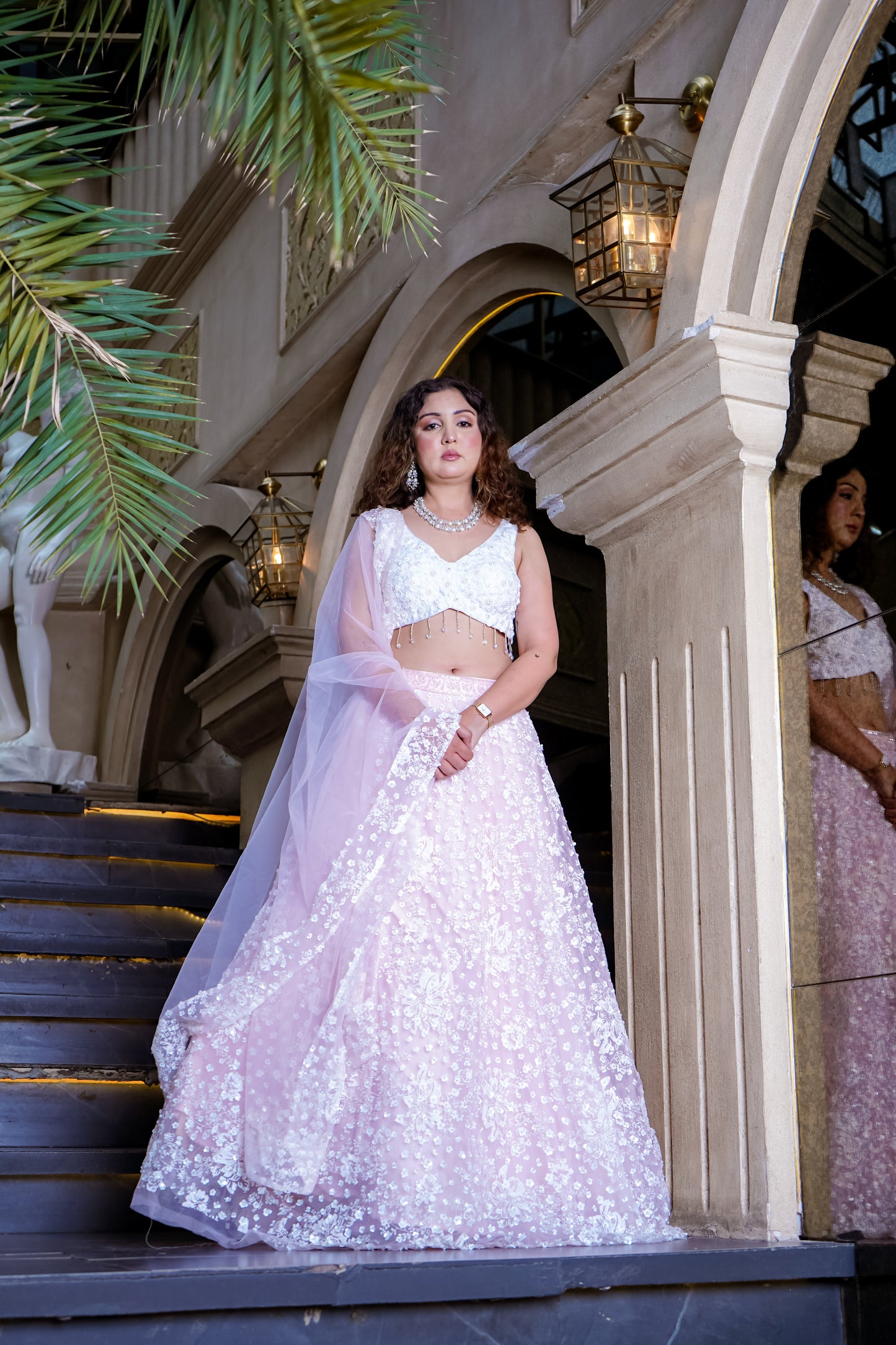 Powder Pink Pastel Net Lehenga With Floral Paintwork