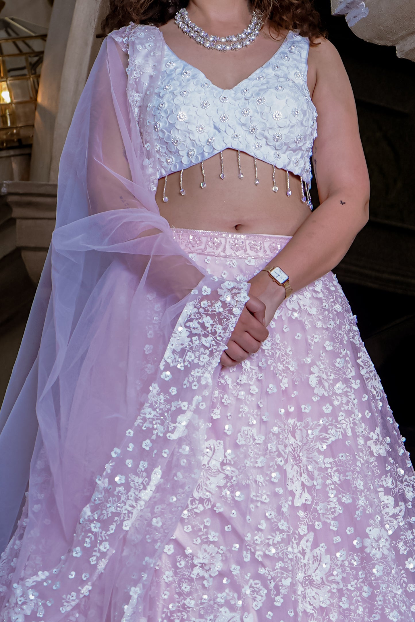 Powder Pink Pastel Net Lehenga With Floral Paintwork