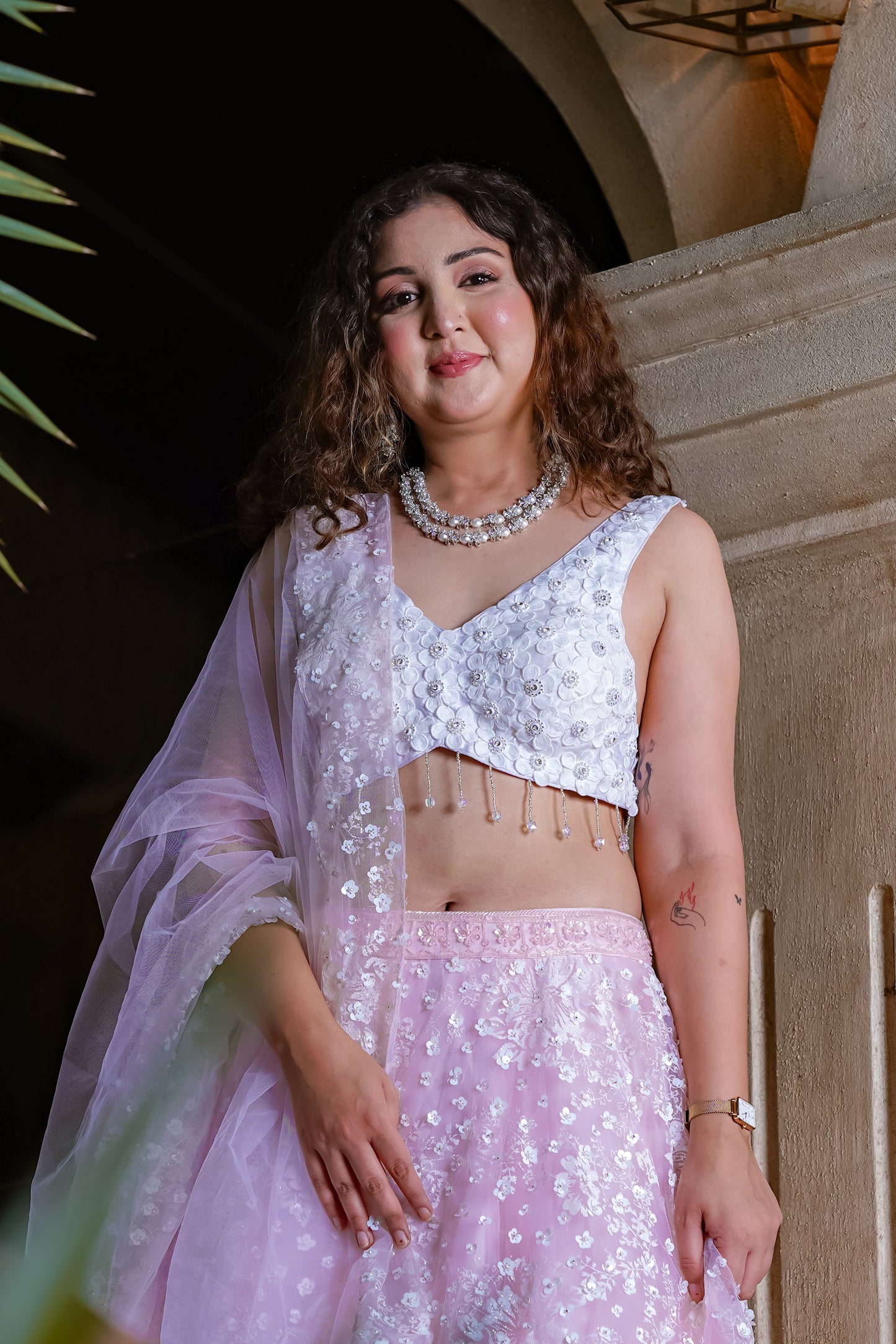 Powder Pink Pastel Net Lehenga With Floral Paintwork