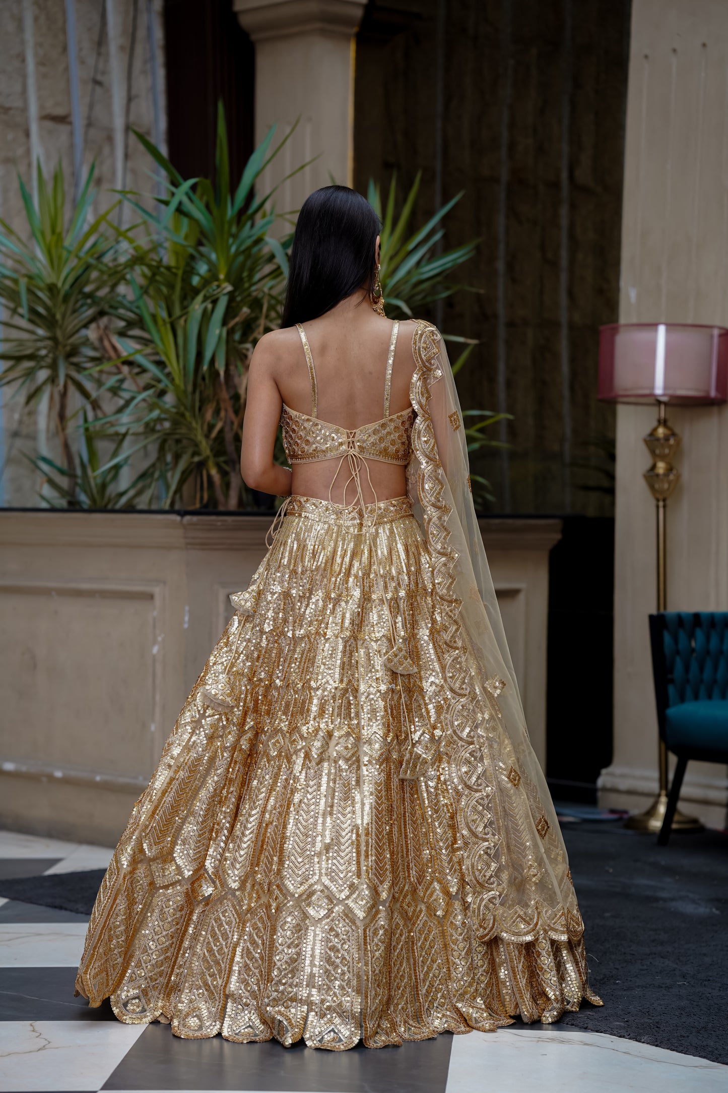 Golden Lehenga With Sequins And Dori Work