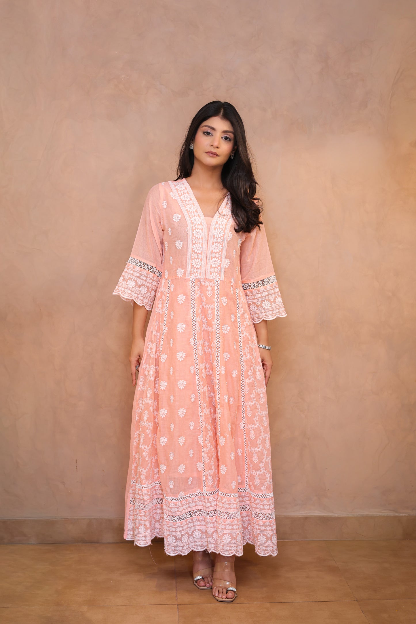 Peach Embroidered Chikankari Anarkali Suit