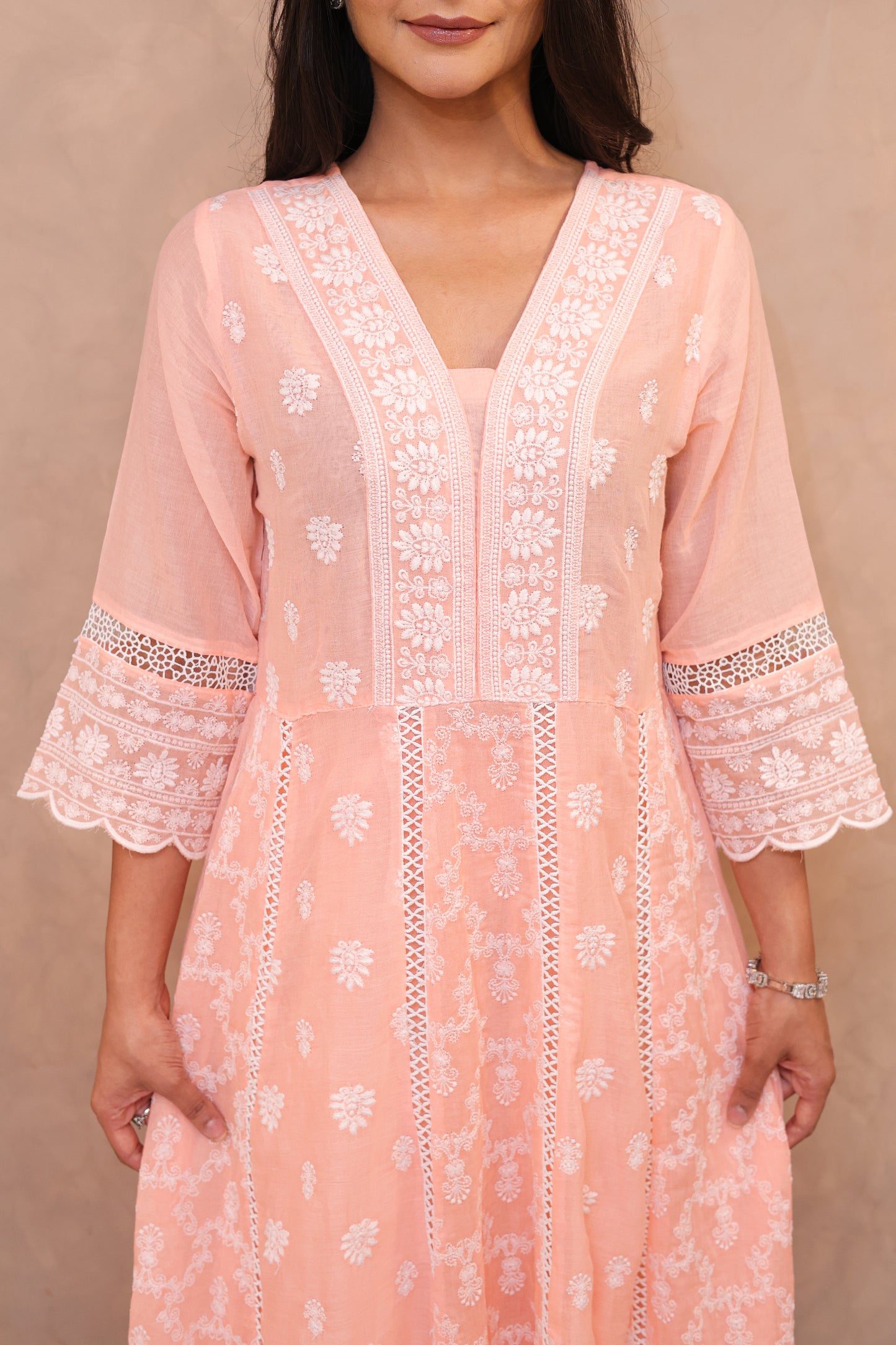 Peach Embroidered Chikankari Anarkali Suit
