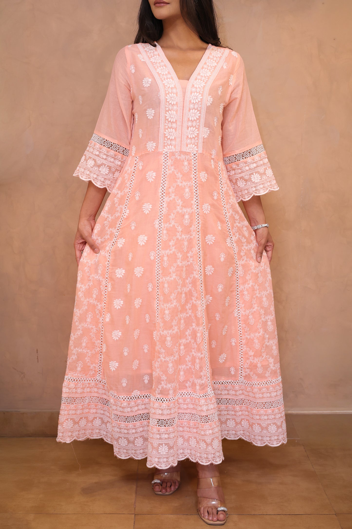 Peach Embroidered Chikankari Anarkali Suit