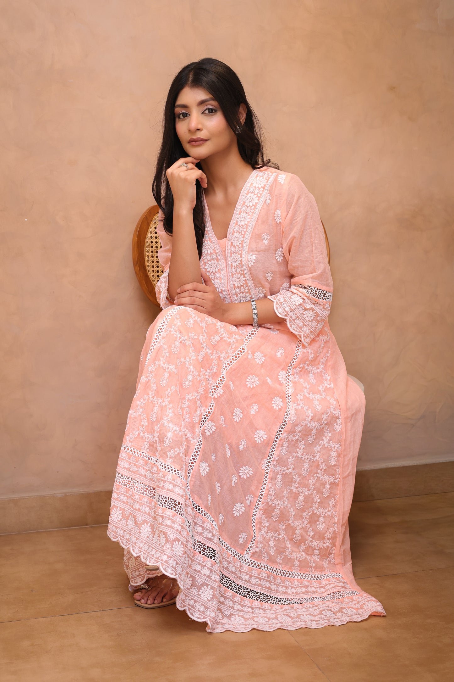 Peach Embroidered Chikankari Anarkali Suit