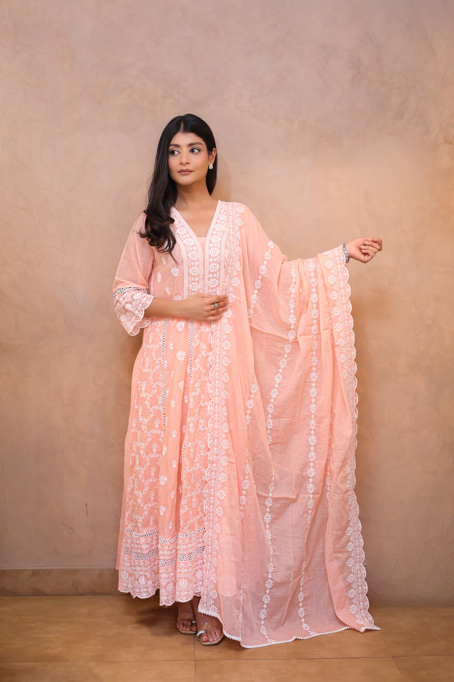 Peach Embroidered Chikankari Anarkali Suit