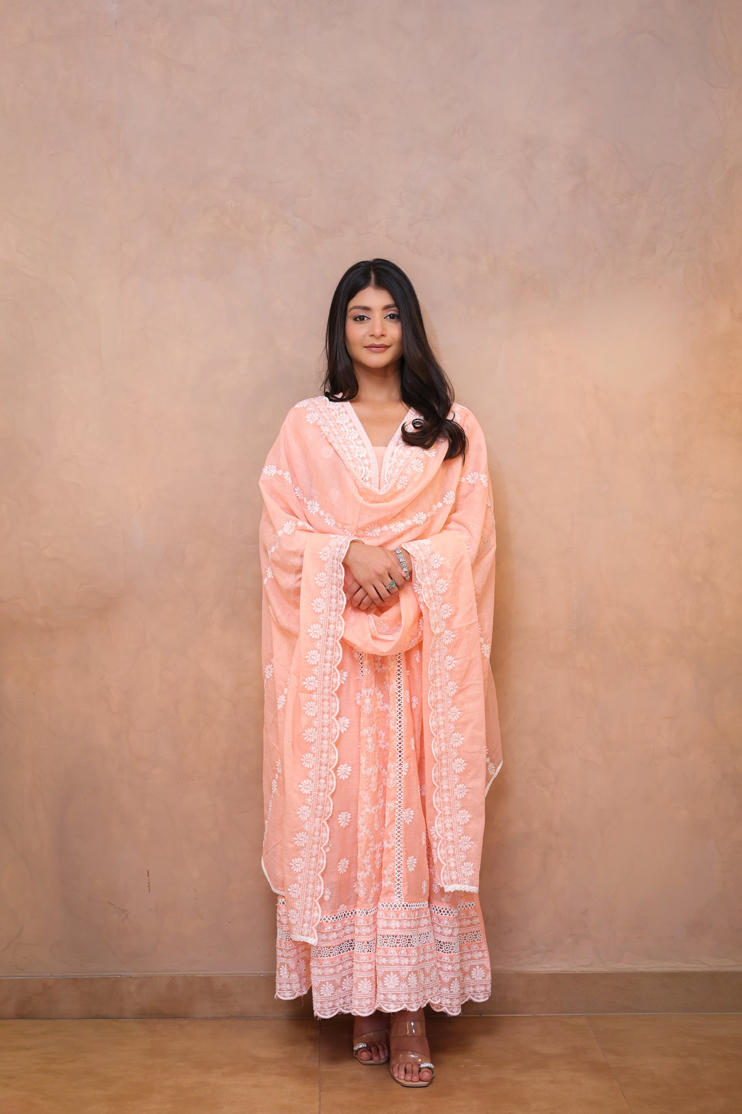 Peach Embroidered Chikankari Anarkali Suit
