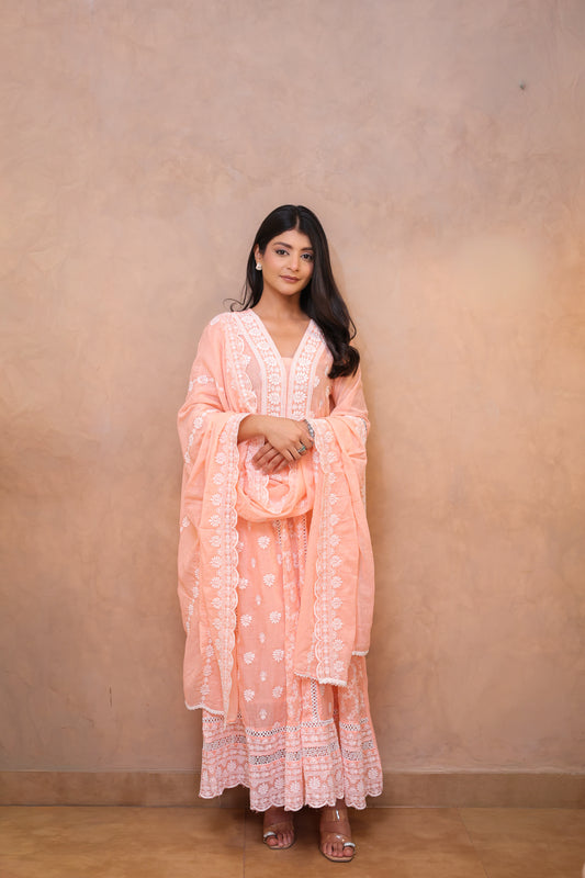Peach Embroidered Chikankari Anarkali Suit