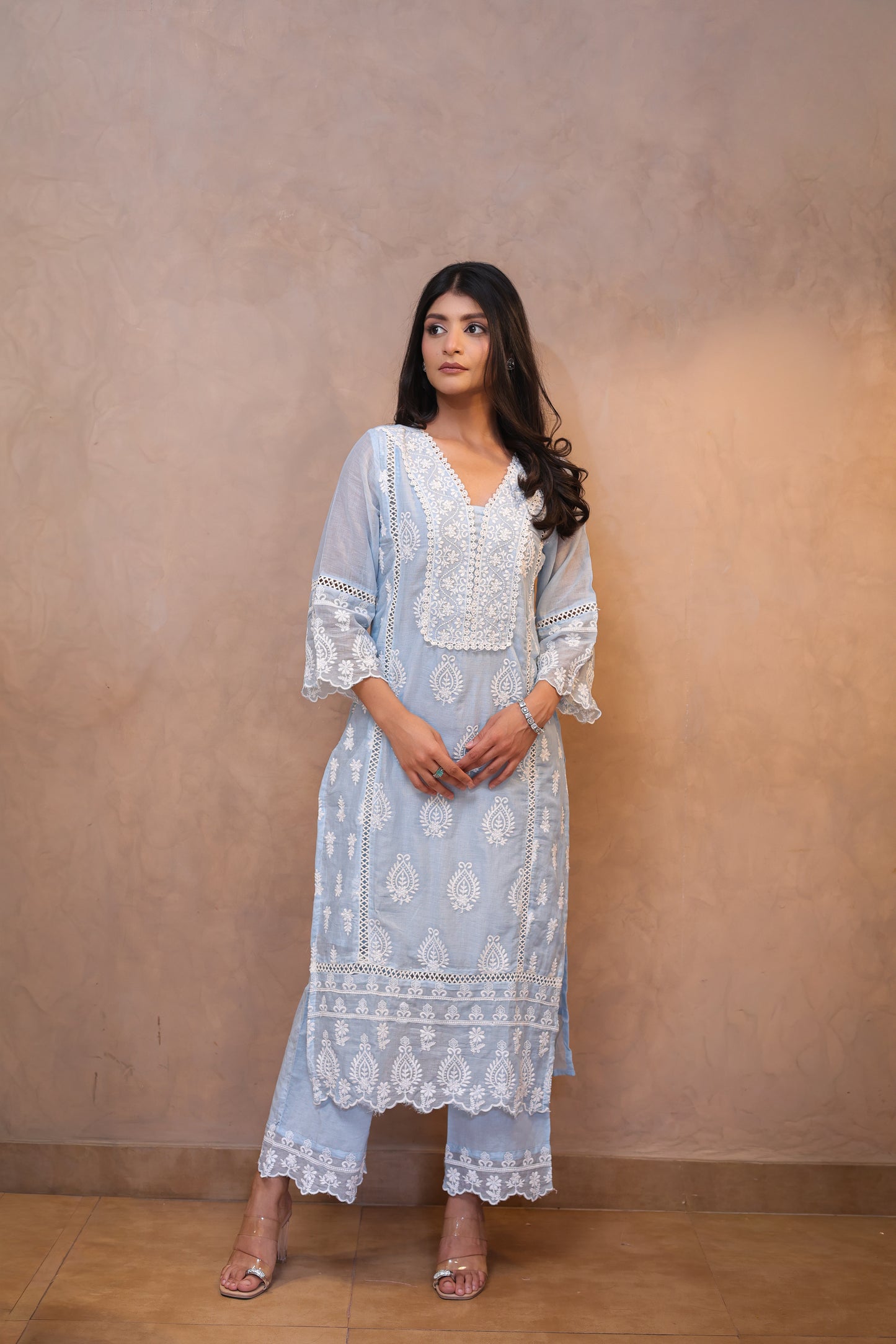 Blue Embroidered Chikankari Straight Suit