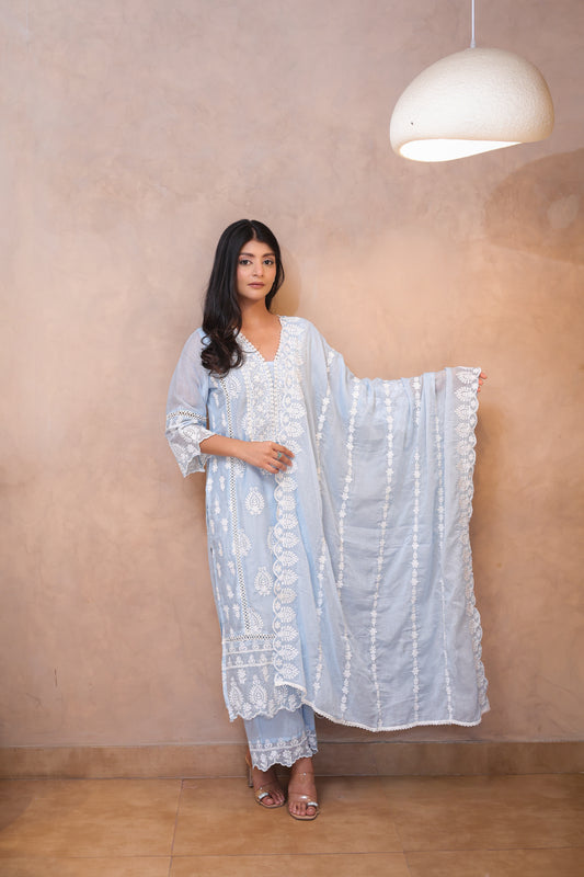 Blue Embroidered Chikankari Straight Suit