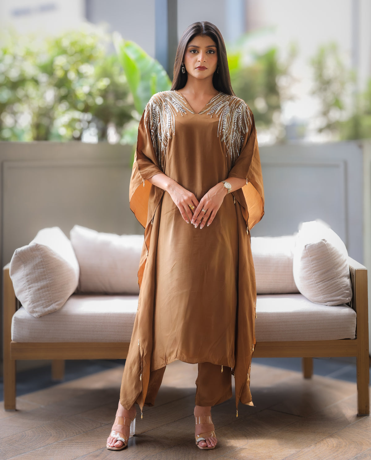 Bronze Olive Embroidered Kaftaan Set