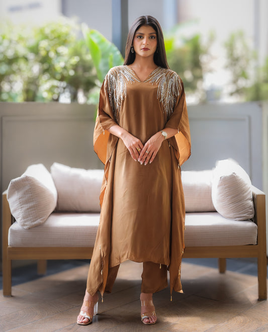 Bronze Olive Embroidered Kaftaan Set