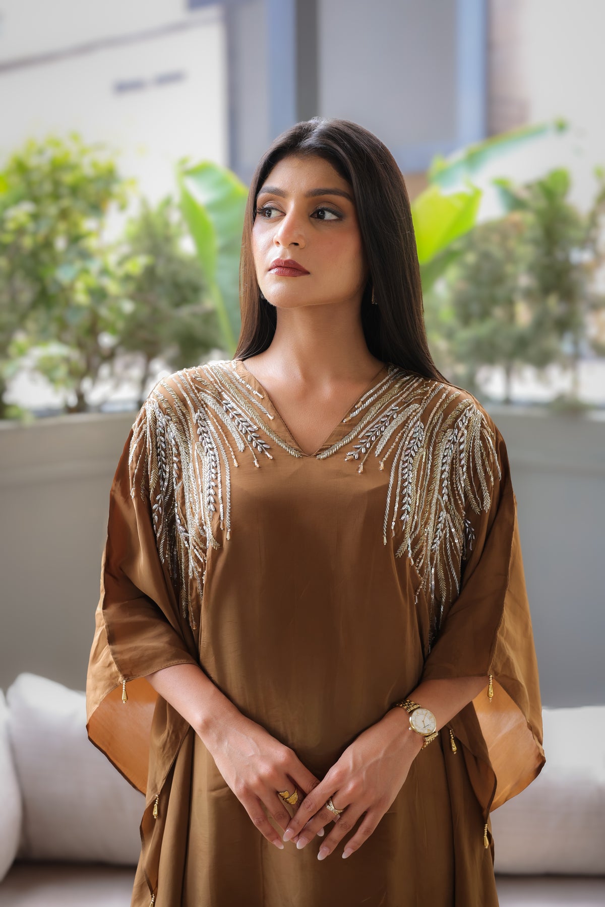 Bronze Olive Embroidered Kaftaan Set