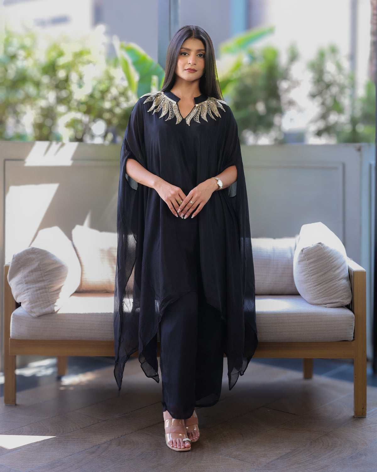Black Kaftaan with Embroidered Banded Neckline