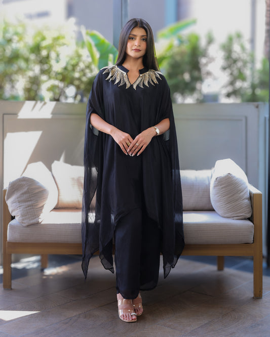 Black Kaftaan with Embroidered Banded Neckline