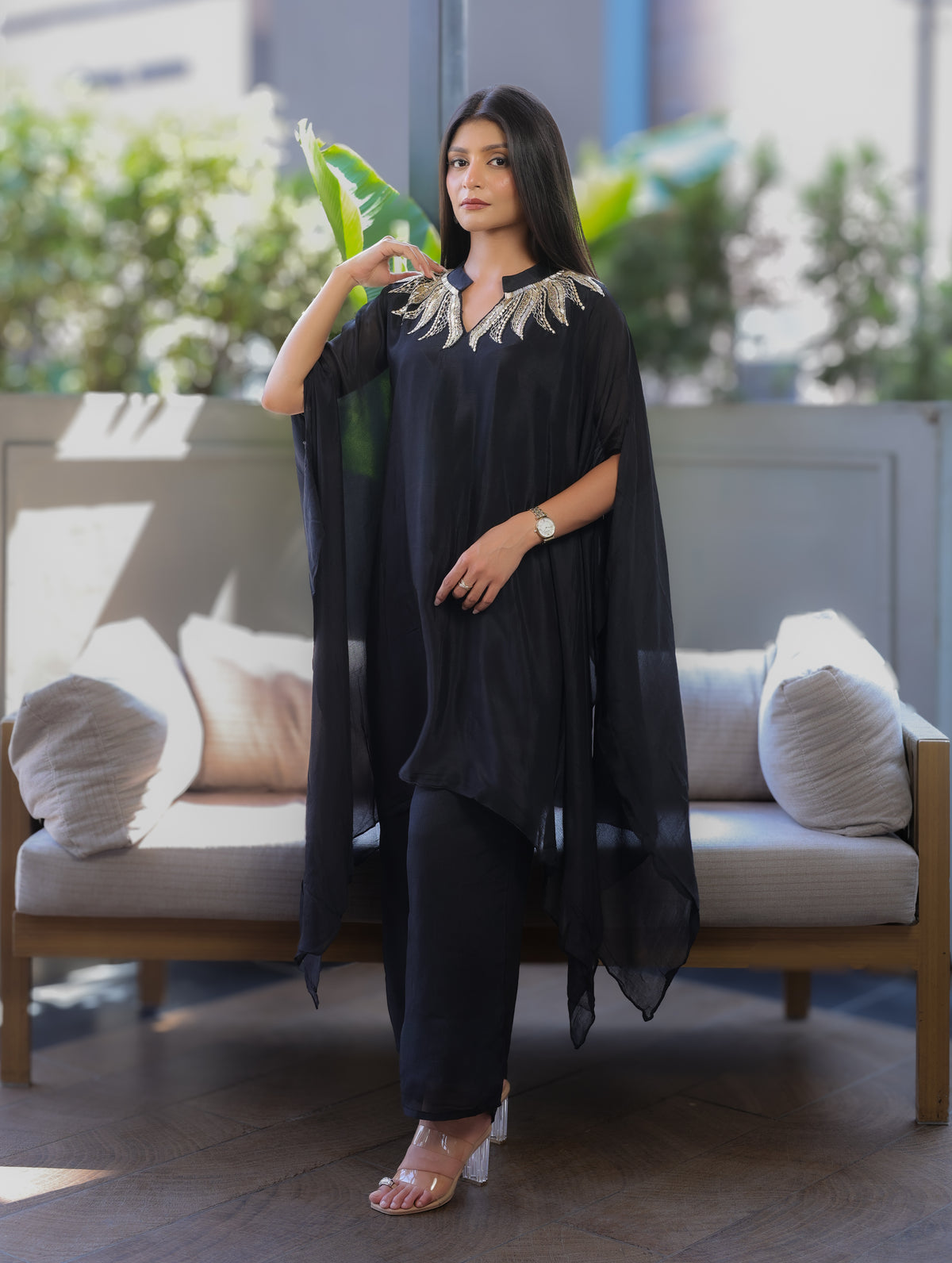 Black Kaftaan with Embroidered Banded Neckline