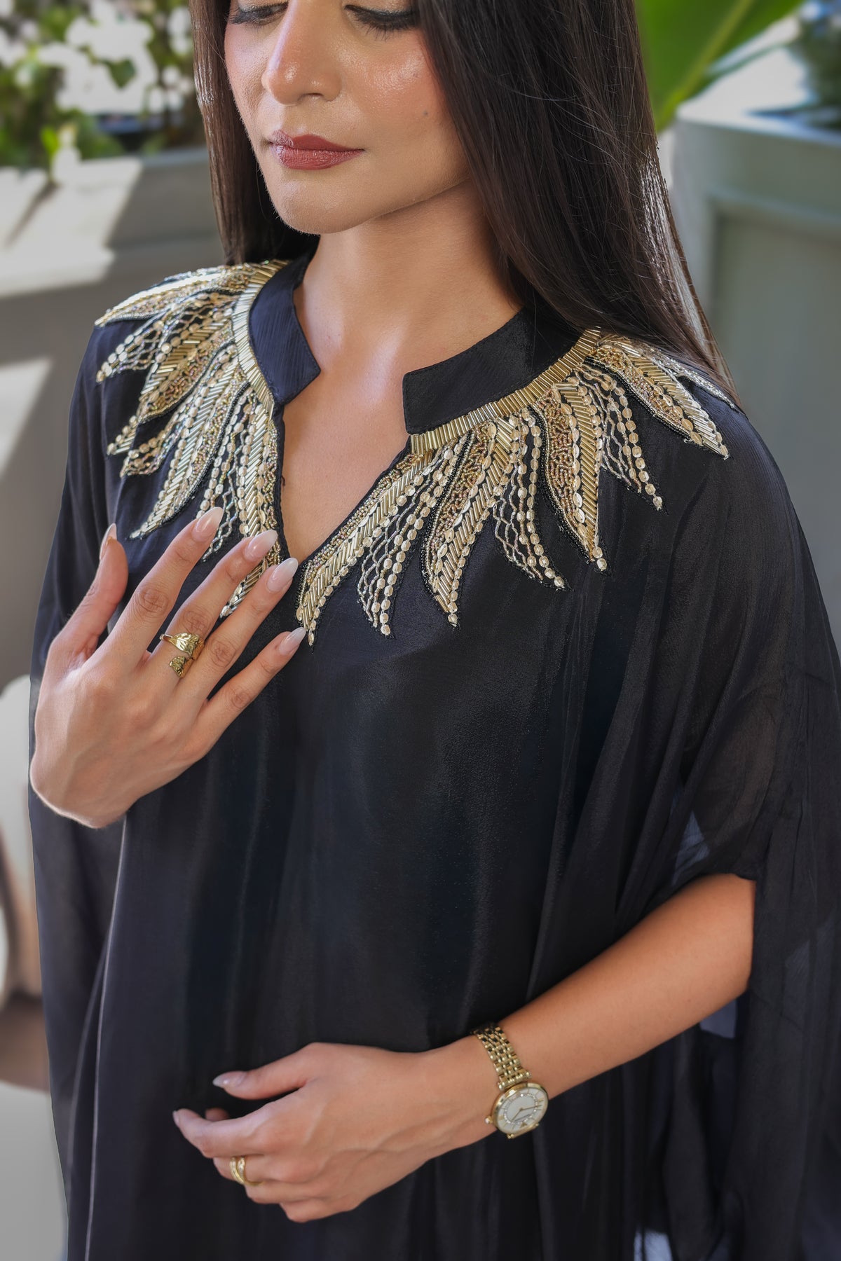 Black Kaftaan with Embroidered Banded Neckline