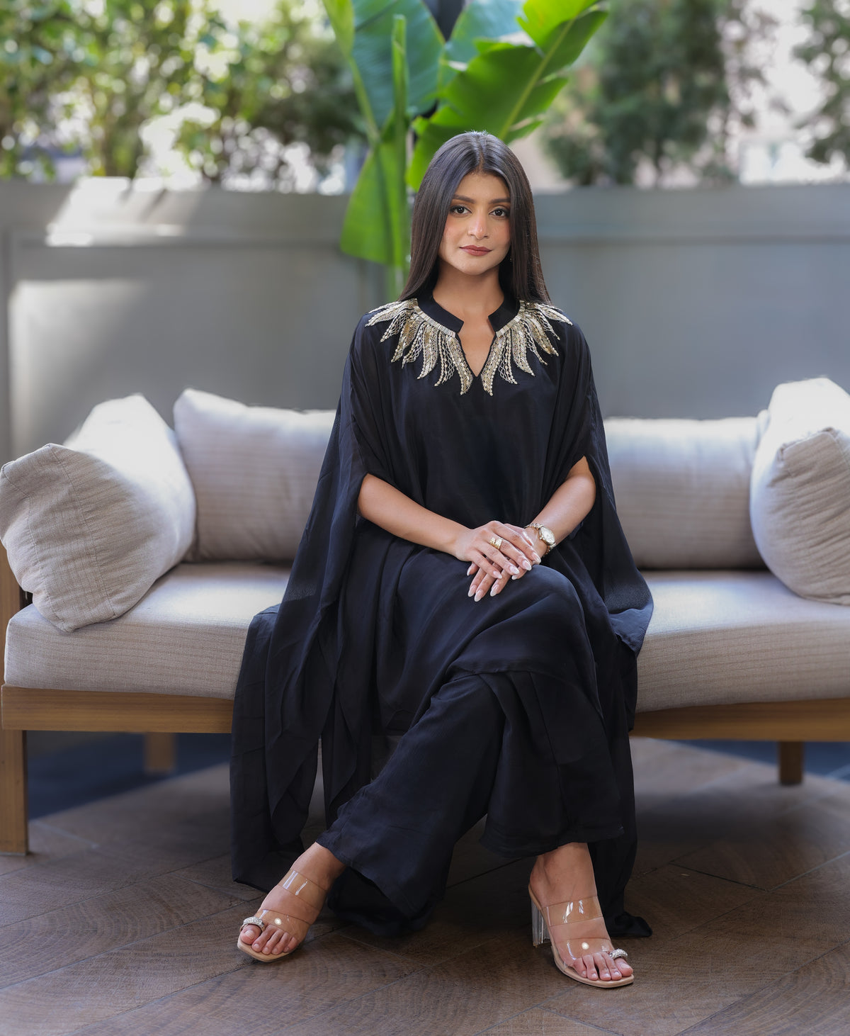 Black Kaftaan with Embroidered Banded Neckline