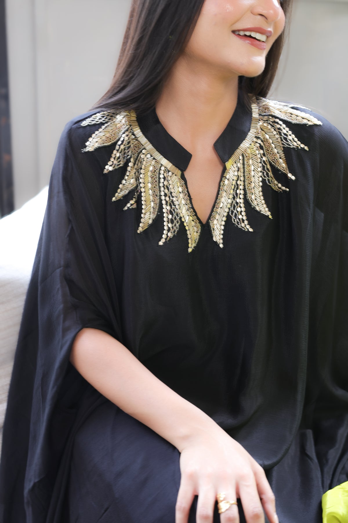 Black Kaftaan with Embroidered Banded Neckline