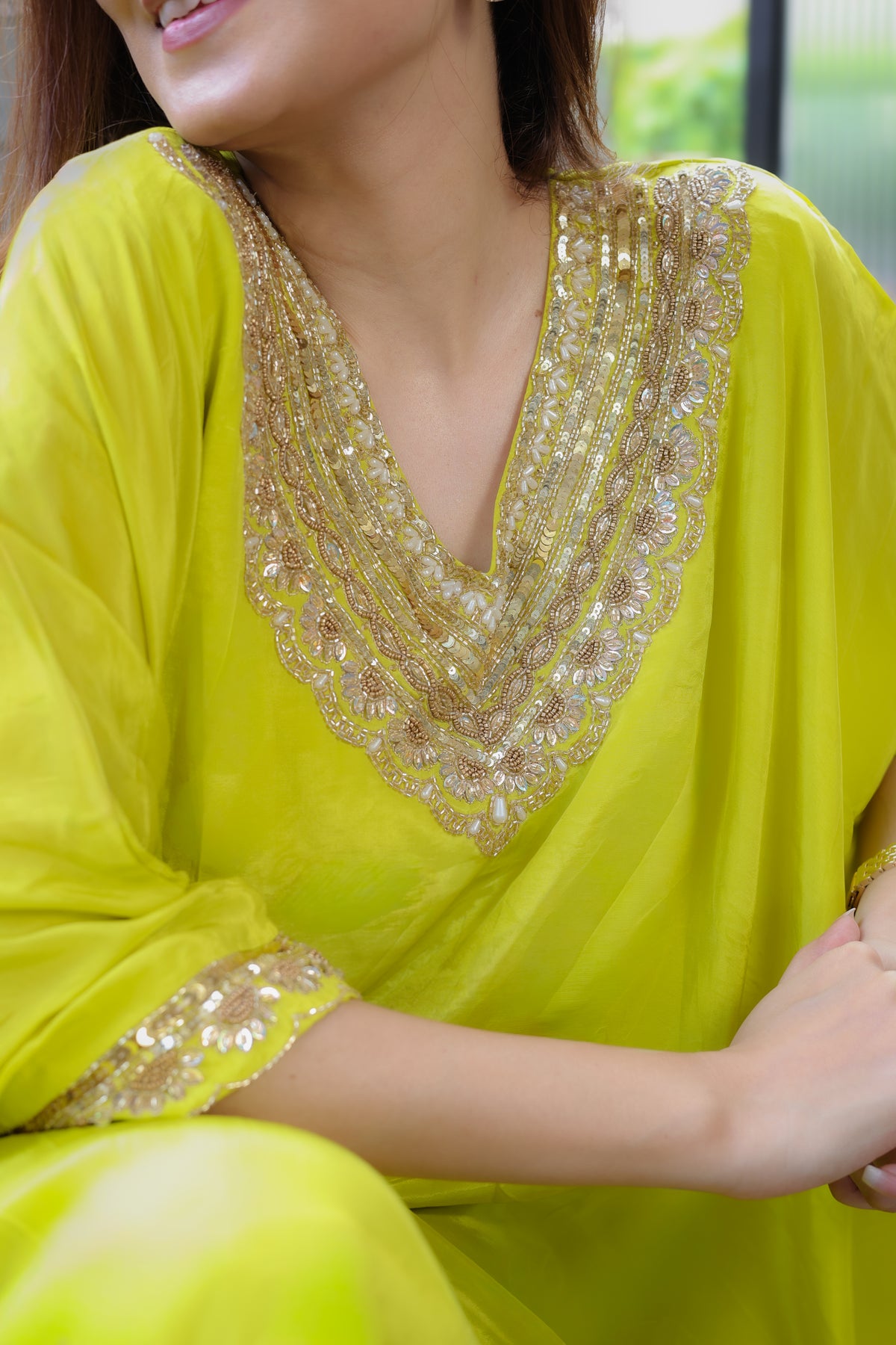 Hand-Embroidered Lime Green Kaftaan Set