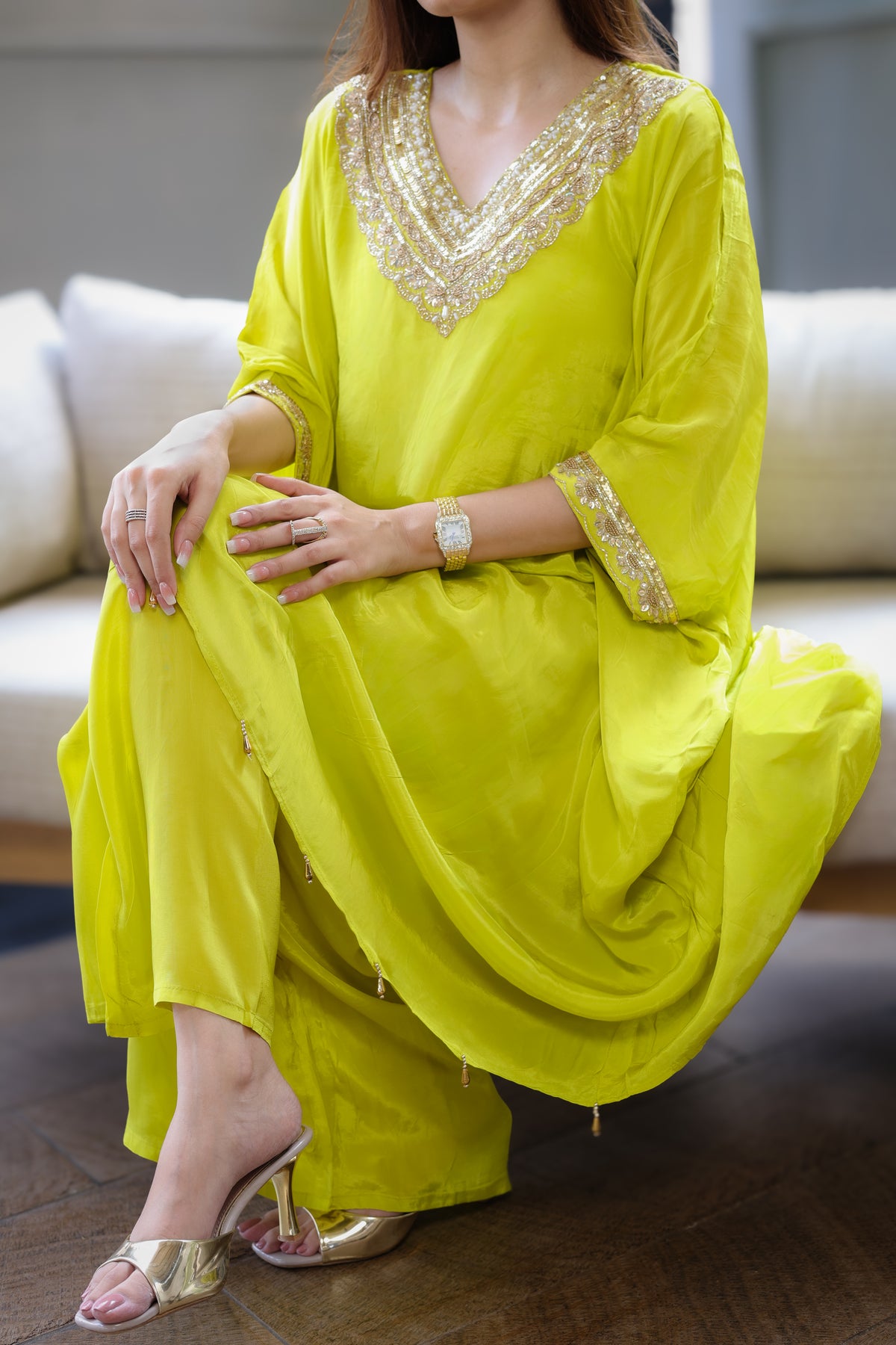 Hand-Embroidered Lime Green Kaftaan Set