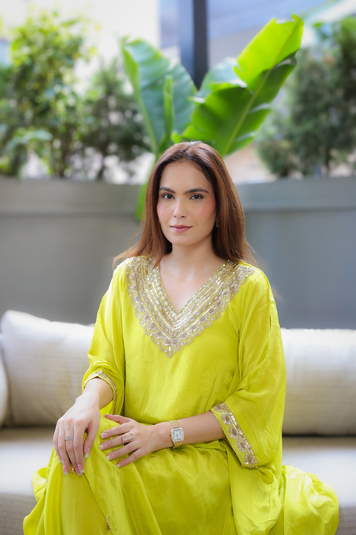 Hand-Embroidered Lime Green Kaftaan Set