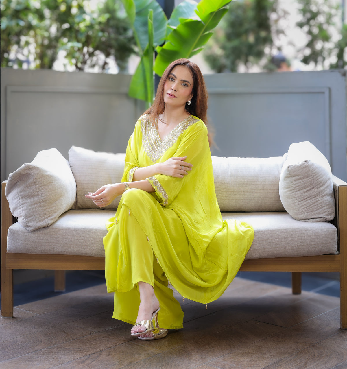 Hand-Embroidered Lime Green Kaftaan Set