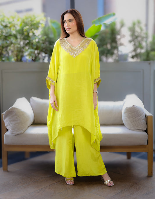 Hand-Embroidered Lime Green Kaftaan Set