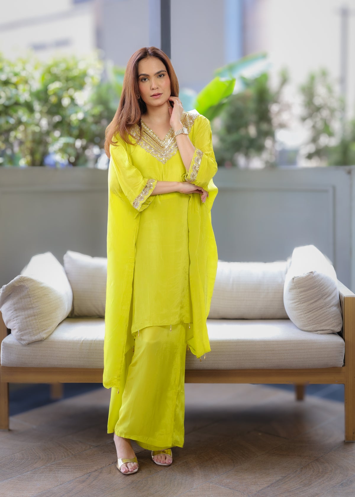 Hand-Embroidered Lime Green Kaftaan Set
