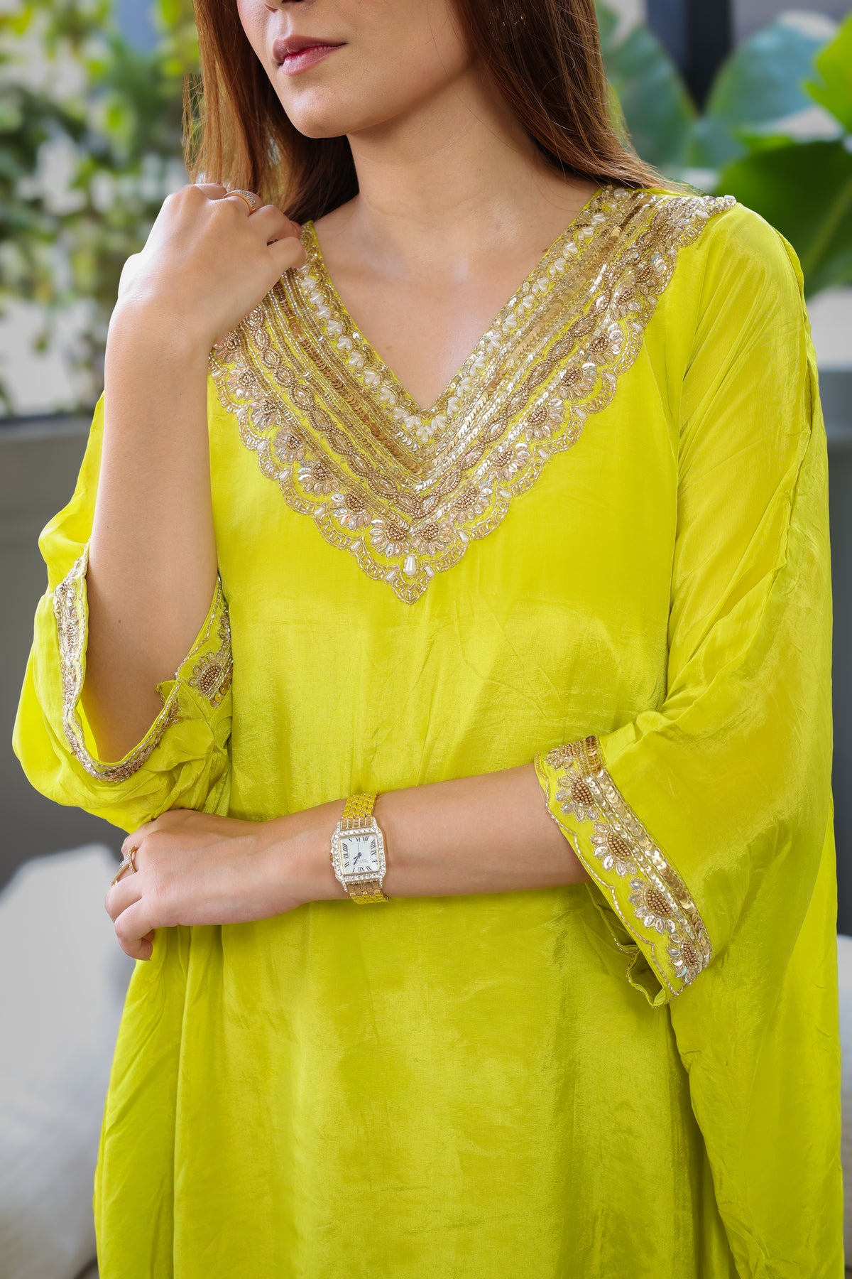 Hand-Embroidered Lime Green Kaftaan Set