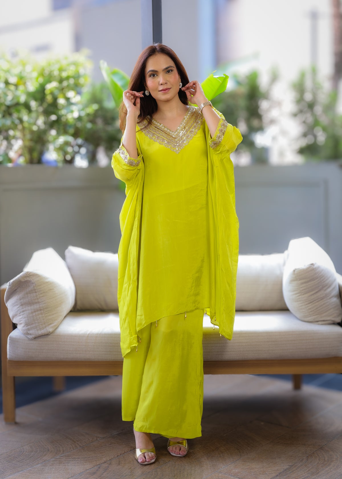 Hand-Embroidered Lime Green Kaftaan Set