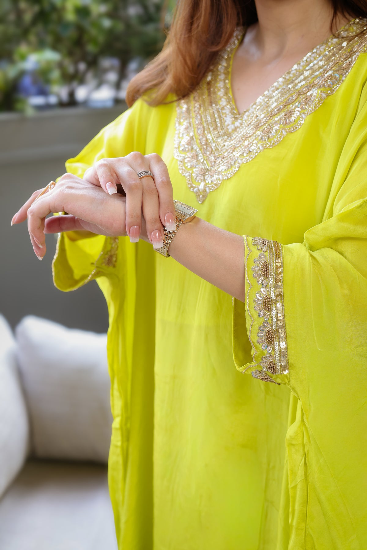 Hand-Embroidered Lime Green Kaftaan Set