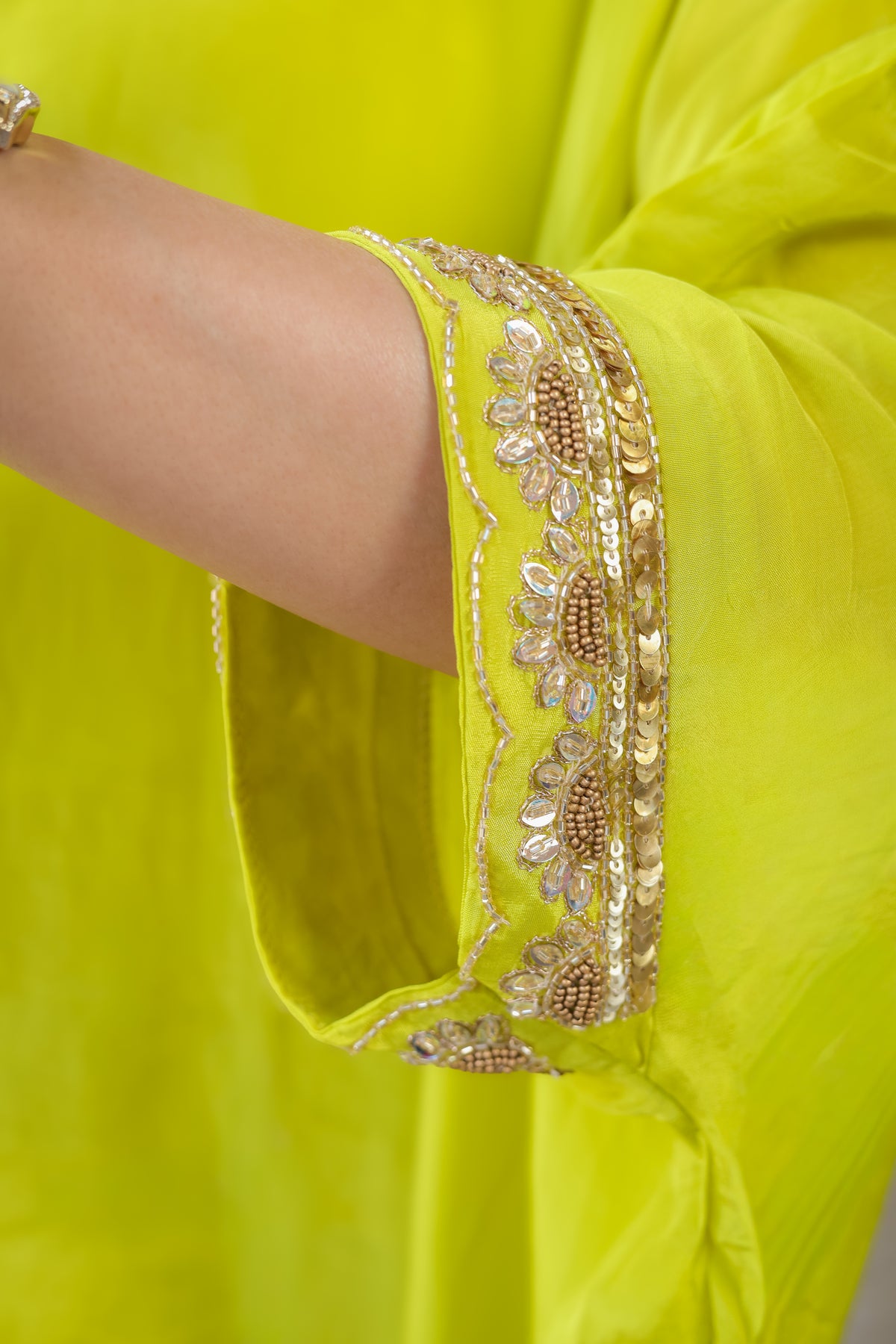 Hand-Embroidered Lime Green Kaftaan Set