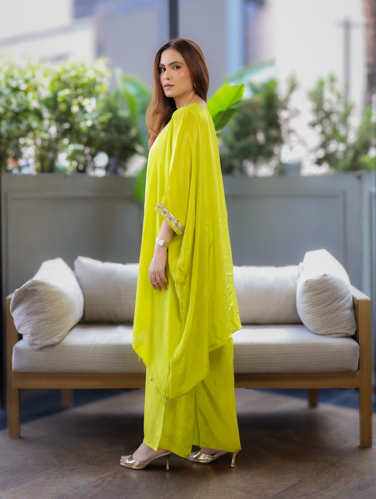 Hand-Embroidered Lime Green Kaftaan Set