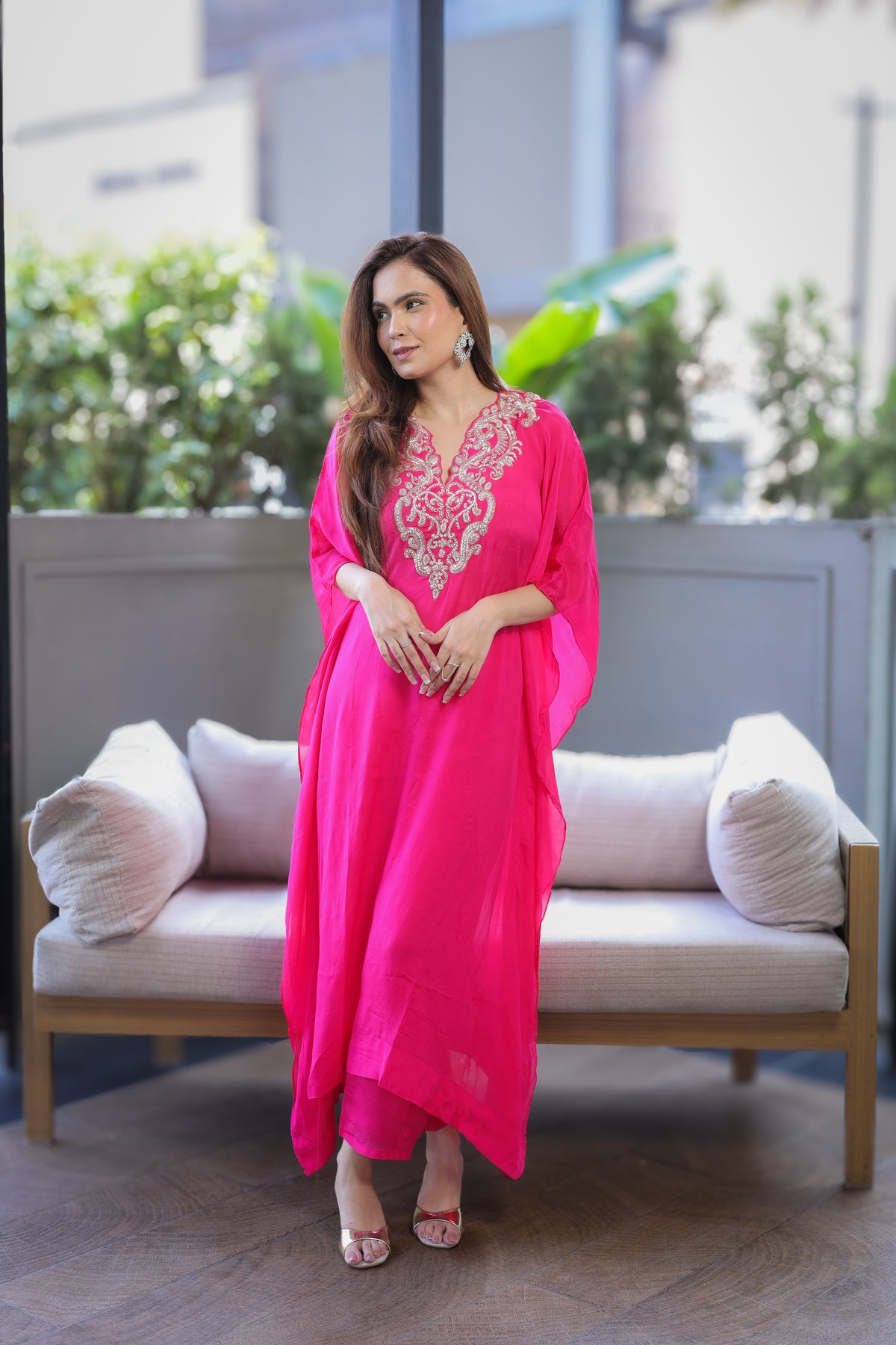 Hot Pink Embellished Kaftaan Dress
