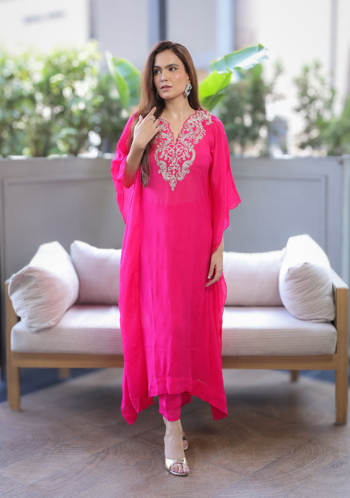 Hot Pink Embellished Kaftaan Dress