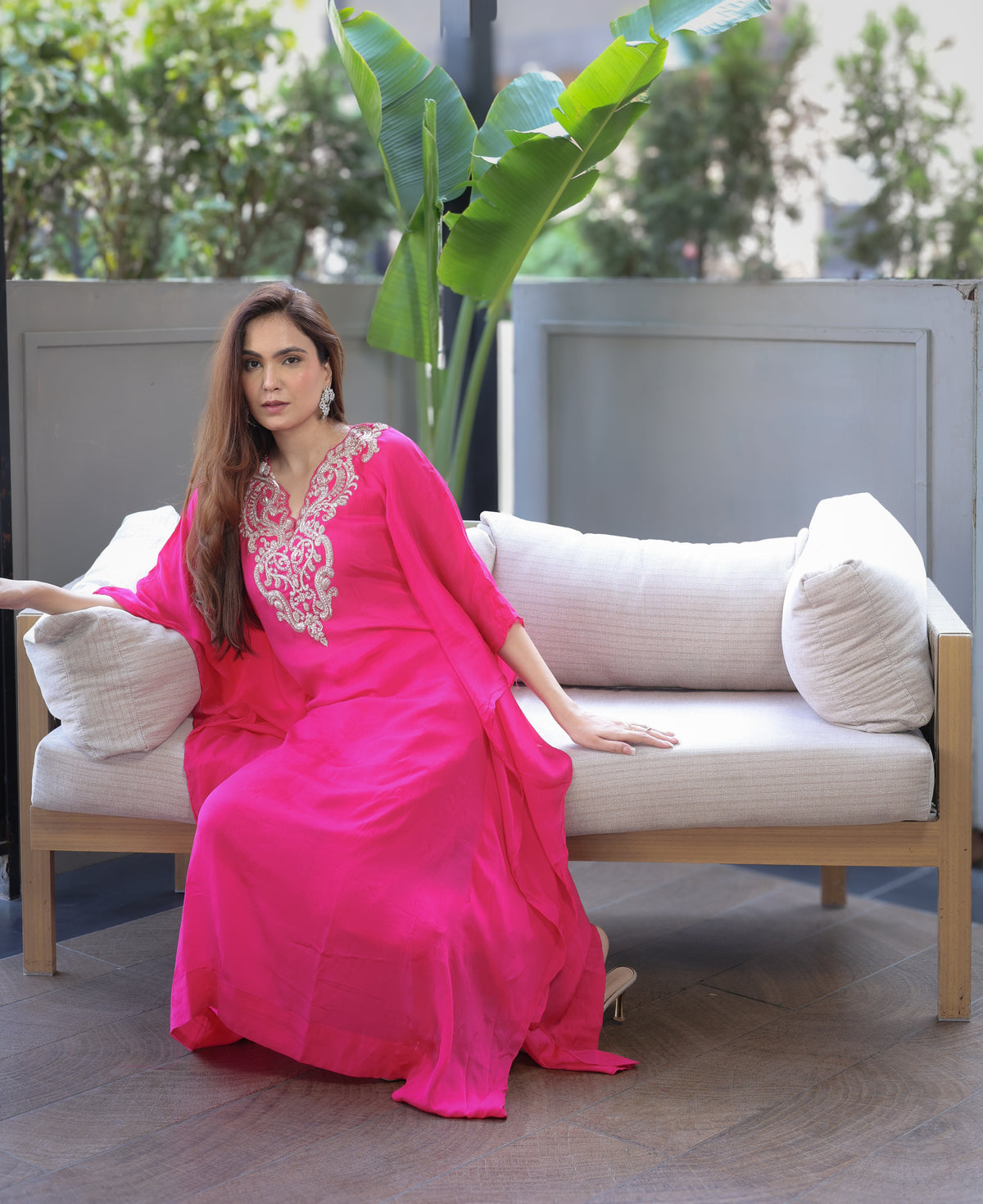Hot Pink Embellished Kaftaan Dress