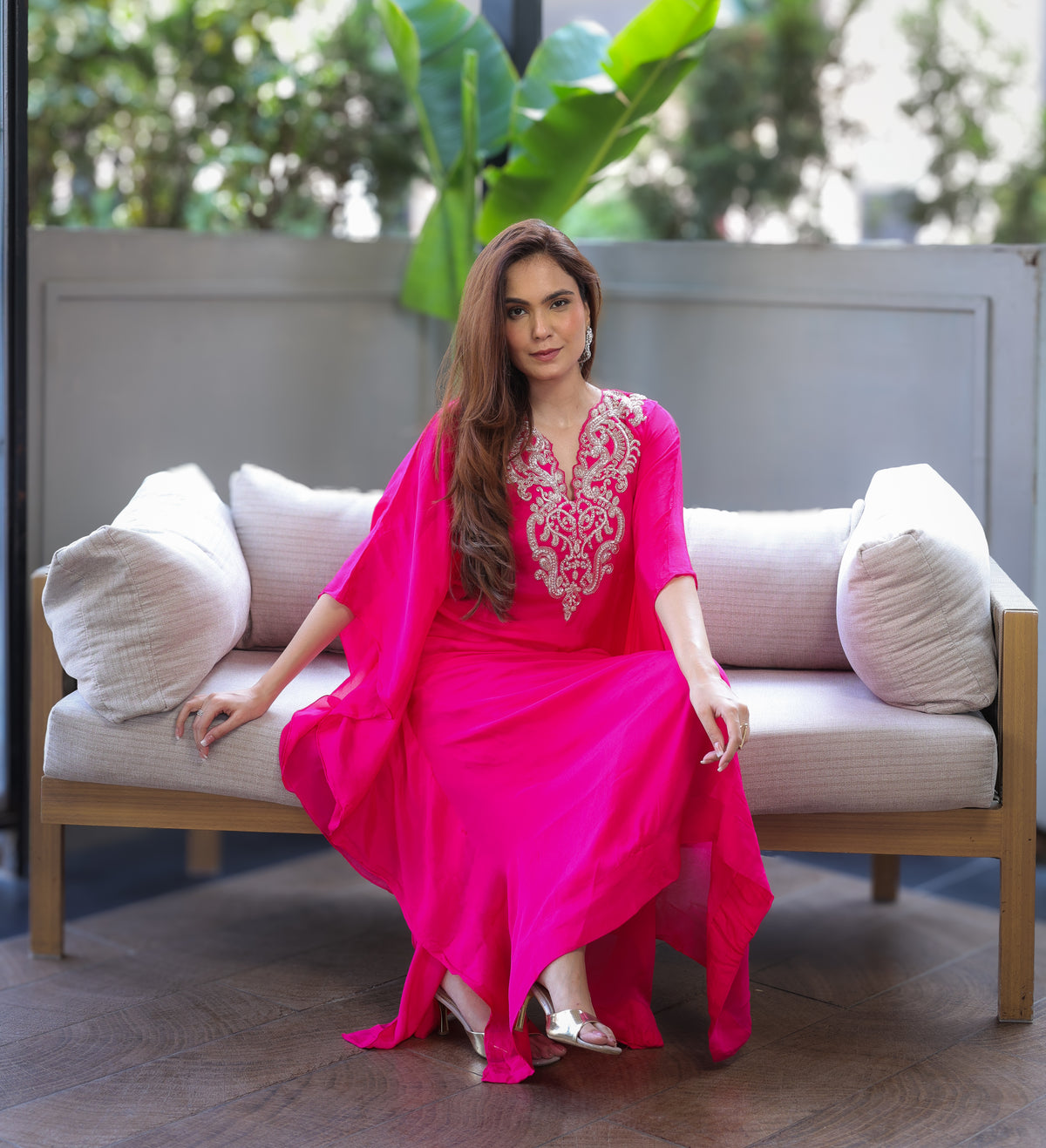 Hot Pink Embellished Kaftaan Dress