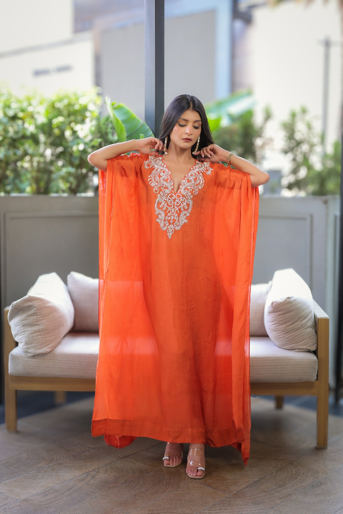 Rust Embellished Kaftaan Dress