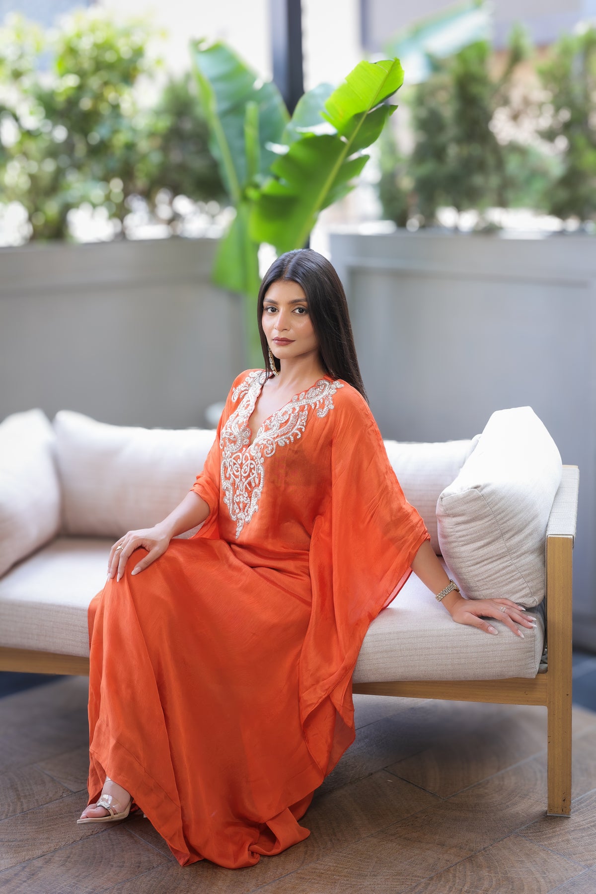 Rust Embellished Kaftaan Dress