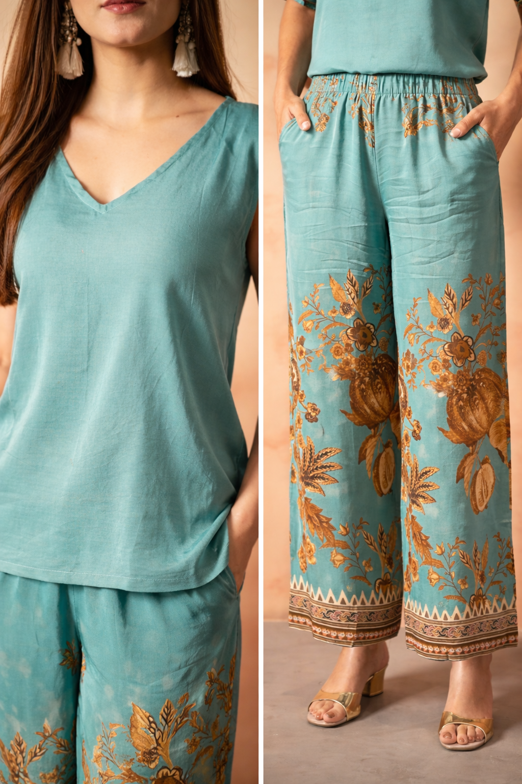 Blue Printed Kaftaan Set With Embroidered Neckline